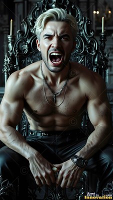 Blond wavy hair frames an unshirted man yelling from a dark carved throne in a candlelit room