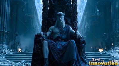 A crowned white-skinned man rests on a shadowed throne in cold blue light