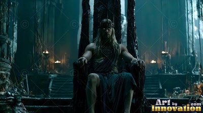 Sitting forward in a dark stone hall, a blond man rests on a tall black throne