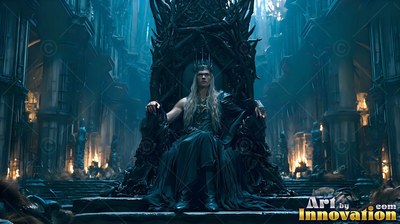 A fair-haired man in black robes sits on a black throne in a grand stone hall