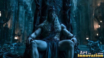 In a dark blue stone hall, a muscular pale man in a crown sits on a throne