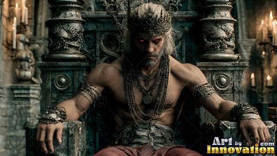 Sitting on a carved stone throne, a shirtless man with red eyes wears a metal crown