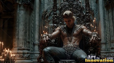 Shirtless blond man wearing a crown sits on a shadowed throne