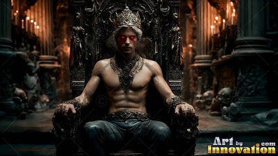 A tall metal crown rests on a man without a shirt seated on a deep gray throne in a candlelit hall