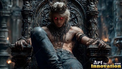 A shirtless light-haired man reclines on a dark stone throne with bright red eyes