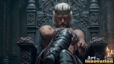 Seated forward on a stone throne, a crowned man with a bare chest stares with red eyes