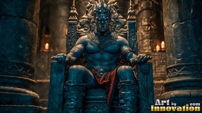 A blue vampire man with sharp fangs sits on a stone chair by candlelight
