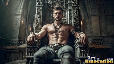 In a stone hall, a shirtless muscular man sits back on a carved gothic throne