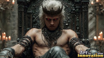 Sitting on a shadowed throne, a shirtless vampire man with red eyes wears a crown