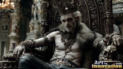 A shirtless pale-skinned man in a crown and fur sits on a dark carved throne