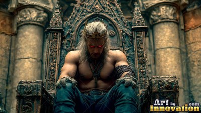 Red eyes shine on a muscular, bare-chested man sitting crowned on a stone throne