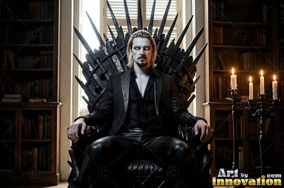 A pale blond seated man on a spiked iron throne beside warm yellow candlelight