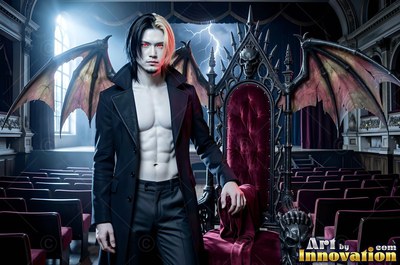 Standing on a theater stage, a shirtless man with bat wings leans on a red throne