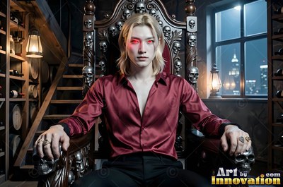 A light-haired man with red eyes sits in a skull chair wearing an open silk shirt