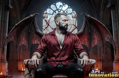 Sitting on a stone throne, a winged man in a red shirt turns his head