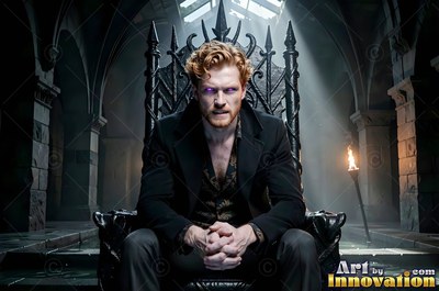 A red-haired man in a black suit sits on a spiked throne