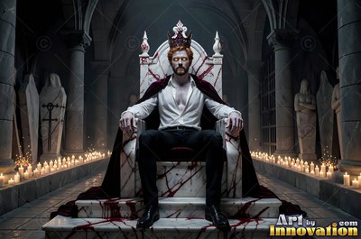Wearing a dark crown, a bearded vampire man leans back on a bloodstained marble chair in a crypt