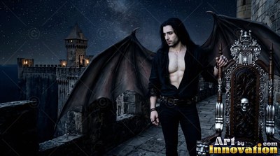 A winged man stands beside a carved chair under a dark starry sky