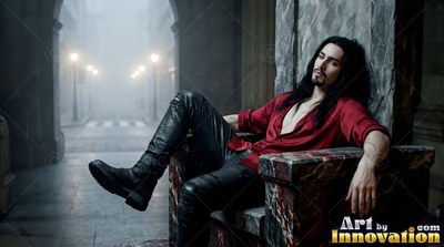 Slouching on a stone chair by a foggy street, a pale-skinned man in a red shirt rests