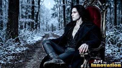 A pale man in black sits on a red throne along a snowy forest path