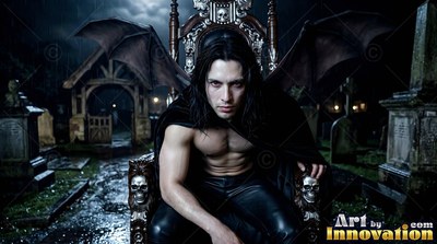 In a dark graveyard, a shirtless winged seated man on a carved throne with skulls