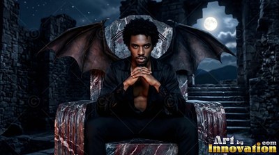 Sitting on a stone throne, a winged Black man looks forward under moonlight