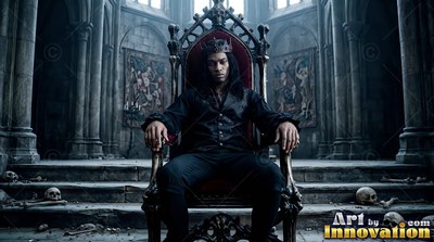 A man wearing a crown sits on a red throne in a stone hall