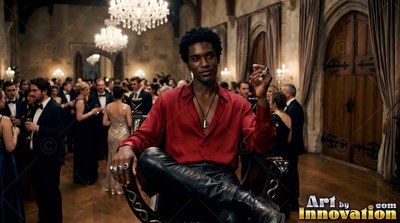 Wearing a red shirt, a man lounges in a carved chair before guests in a ballroom