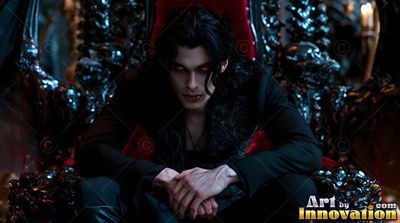 Leaning forward on a deep gray throne, a light-skinned man with red eyes clasps his hands
