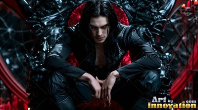 A fair-skinned man in black clothes sits forward on a carved black and red chair