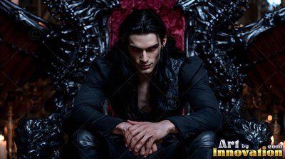 On a shadowed throne, a light-skinned man with long black hair leans forward in black clothes