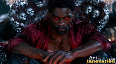 A man with red eyes sits on a skull throne in an unbuttoned red shirt