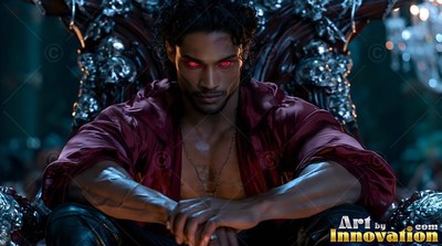 Red eyes gleam on a dark-haired man in a red shirt seated upon a silver skull chair