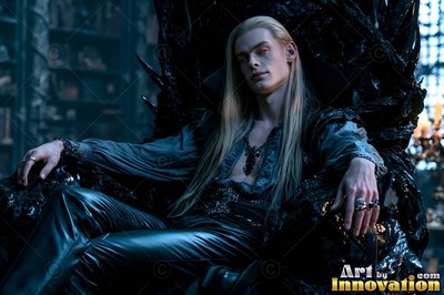 Reclining on a dark throne in a dim room, a fair-haired man rests in leather pants