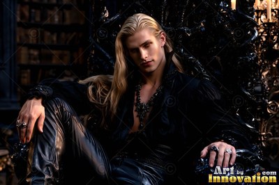A golden-haired man in black leather pants sits back on a dark throne in dim candlelight