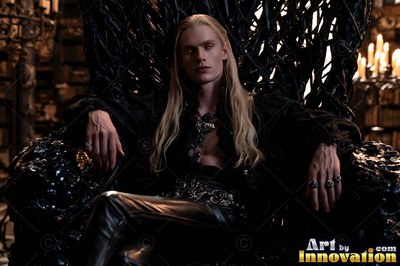 Lounging on a jagged black chair, a pale blond man rests in dark leather pants