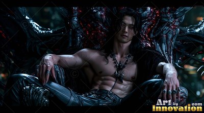 A shirtless man with long dark hair sits on a black throne