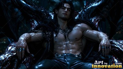 Black leather pants on a muscular, man without a shirt seated on a dark wing chair