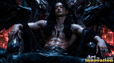 Reclining on a shadowed throne, a shirtless man rests in red light