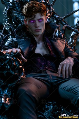 A pale man with purple eyes sits back in a dark spiky chair wearing black