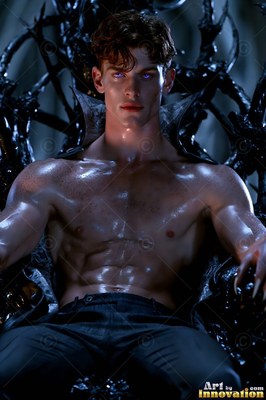 Sitting back shirtless on a black throne, a white-skinned man with purple eyes looks ahead