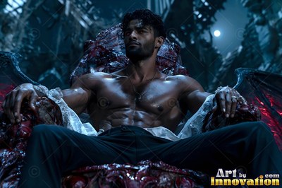 Shirtless with dark trousers, a muscular seated man on a red stone chair under moonlight