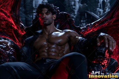 A muscular man sits back on a dark throne edged with streaks of red light