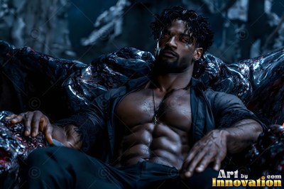 Leaning back on a dark stone throne, a muscular vampire man rests in dim light