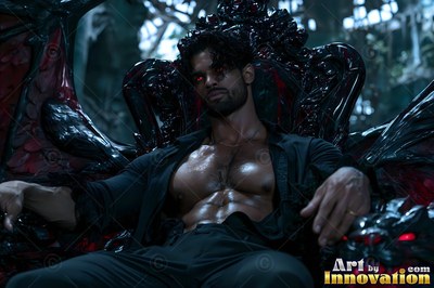 A muscular man with red eyes leans back on a dark throne in an unbuttoned shirt