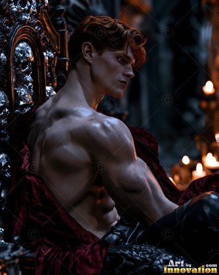 On a dark skull throne, a muscular red-haired man looks over his bare shoulder