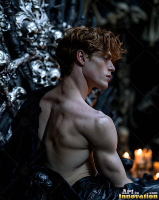 Looking away in profile, a shirtless red-haired man sits near candle flames