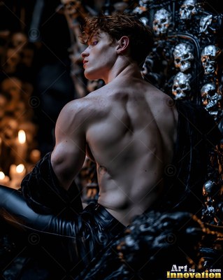 Shirtless man seated on a dark skull throne in soft light