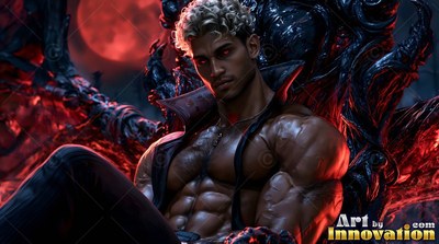 A muscular man rests back on a shadowed throne under deep red light
