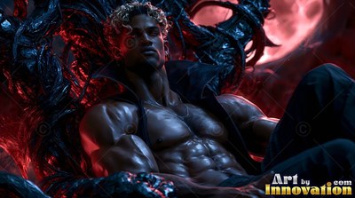 Reclining back on a dark throne, a muscular man rests under red light